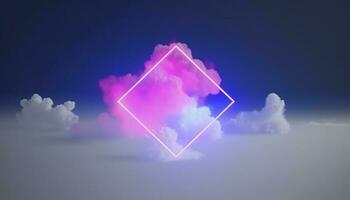 3d render, abstract minimal background with pink blue yellow neon light square frame with copy space, illuminated stormy clouds, glowing geometric shape, generate ai photo