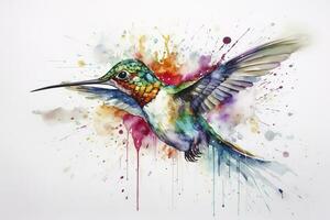 crear un hermosa pintura de un colibrí alimentación en néctar acuarela cuadro, hermosa natural formularios, crujiente limpiar formas, vistoso, blanco fondo, generar ai foto