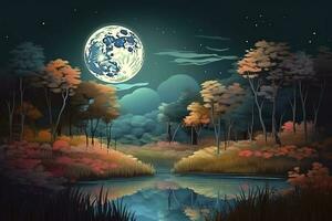 night landscape environment harvest moon over a glittering lake lush vegetation birchwood trees, flowers, magical galaxy. 3d drawing digital art, generate ai photo