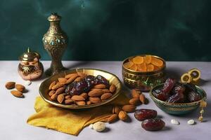 Eid al-Fitr holiday concept with sweet dried dates, fruits and decorations on bright background. Top view from above, generate ai photo