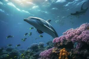 delfines nadando en el submarino, hermosa submarino y vistoso coral en el salvaje naturaleza de el Pacífico océano, generar ai foto