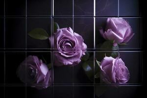 3d Mural modern wallpaper. purple rose flowers with Squares and decorative background . modern art for wall home decor, generate ai photo