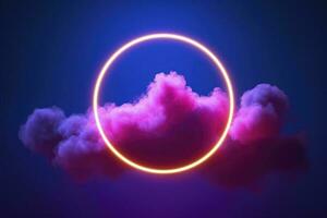 3d render, abstract cloud illuminated with neon light ring on dark night sky. Glowing geometric shape, round frame, generate ai photo