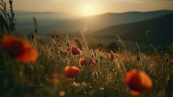 A stunning photo captures the golden hour in a field of radiant red poppies, symbolizing the beauty, resilience, and strength of nature, generate ai