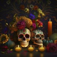 Day of the Dead skulls. Dia de los Muertos. Day of the Dead and Mexican Halloween background. Mexican tradition festival. Day of the dead sugar skull. Dia de los Muertos, generate ai photo