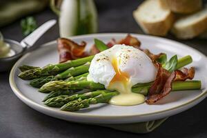 Benedict poached Duck egg with crispy bacon and fried asparagus on toasts for breakfast, generate ai photo