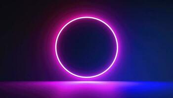 3d render, blue pink neon round frame, circle, ring shape, empty space, ultraviolet light, 80s retro style, fashion show stage, abstract background, generate ai photo