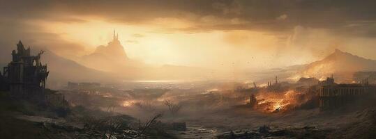 Post apocalypse. Nuclear apocalypse survivor. Ruined Cityscape. Concept. Banner size. Header, generate ai photo