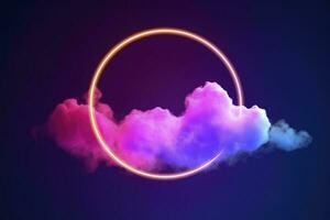 3d render, abstract cloud illuminated with neon light ring on dark night sky. Glowing geometric shape, round frame, generate ai photo