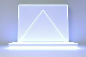 Realistic podium display with neon white lights, Product display background with light frame, White prodium product display with light effect, neon lights background, generate ai photo