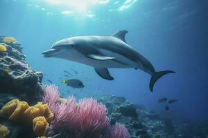 delfines nadando en el submarino, hermosa submarino y vistoso coral en el salvaje naturaleza de el Pacífico océano, generar ai foto