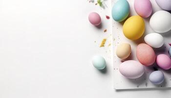 Colorful Easter Eggs with white frame copy space , photo