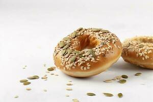 Tasty bagel with sesame and pumpkin seeds on light background, generate ai photo