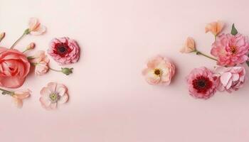 Top view image of pink flowers composition over pastel background , generate ai photo