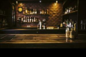 Pub bar counter with wooden table background, generate ai photo