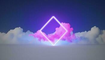 3d render, abstract minimal background with pink blue yellow neon light square frame with copy space, illuminated stormy clouds, glowing geometric shape, generate ai photo