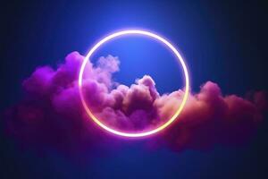 3d render, abstract cloud illuminated with neon light ring on dark night sky. Glowing geometric shape, round frame, generate ai photo