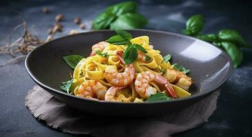 Traditional Italian tagliatelle ai gamberoni pasta with king prawns and herbs served as close-up on a design plate with copy space, generate ai photo