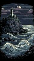 Lighthouse on a rock in stormy weather, generate ai photo