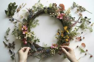 Create a floral watercolor wreath, using a mix of wildflowers, leaves, and berries to create a whimsical and organic composition, generate ai photo