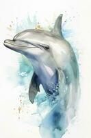 Cute jumping baby dolphin watercolor illustration, generate ai photo