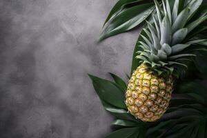 Fresh pineapple with tropical leaves on gray background. , generate ai photo