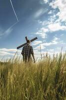 Shallow focus shot of a male carrying a handmade cross, generate ai photo