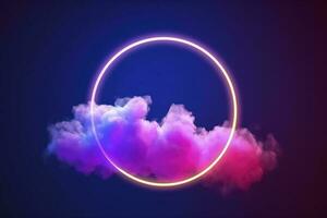 3d render, abstract cloud illuminated with neon light ring on dark night sky. Glowing geometric shape, round frame, generate ai photo