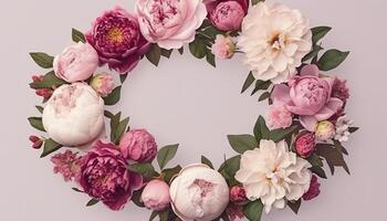 Wreath made of flowers. Floral round frame, wreath made of peonies flower buds and green leaves, botanical design, flat lay, top view, free space for text. image photo