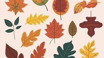 Autumn leaves set. Autumnal yellow leaf, forest nature orange leafage and september red leaves. Chestnut, dog rose and viburnum or foliage leaf. Flat isolated icons, generate ai photo