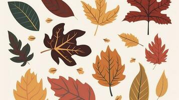 Autumn leaves set. Autumnal yellow leaf, forest nature orange leafage and september red leaves. Chestnut, dog rose and viburnum or foliage leaf. Flat isolated icons, generate ai photo