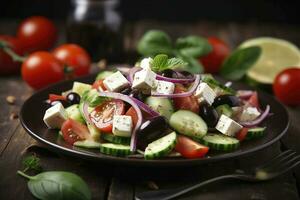 Greek salad with fresh vegetables, feta cheese, kalamata olives, dried oregano, red wine vinegar and olive oil. Healthy food, generate ai photo