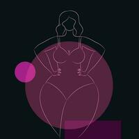 Faceless curvy female in a swimsuit contour on a black background with pink geometric shapes. Body positive and female beauty. Hand drawn vector art