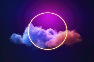 3d render, abstract cloud illuminated with neon light ring on dark night sky. Glowing geometric shape, round frame, generate ai photo