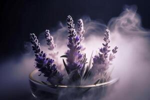 Close up lavender with scent perfume smoke , photo