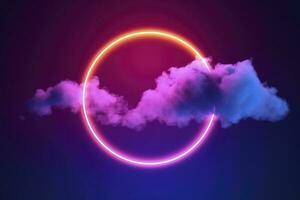 3d render, abstract cloud illuminated with neon light ring on dark night sky. Glowing geometric shape, round frame, generate ai photo