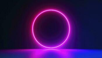 3d render, blue pink neon round frame, circle, ring shape, empty space, ultraviolet light, 80s retro style, fashion show stage, abstract background, generate ai photo