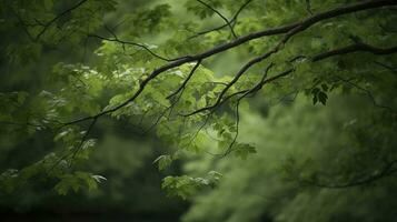 Earth Day and World Environment Day, Spring, Tropical tree leaves and branch with beautiful green forest background, generate ai photo