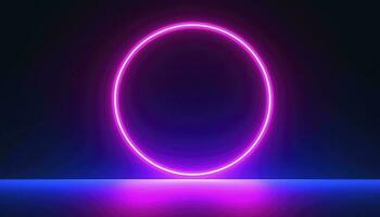 3d render, blue pink neon round frame, circle, ring shape, empty space, ultraviolet light, 80s retro style, fashion show stage, abstract background, generate ai photo