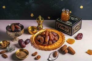 Eid al-Fitr holiday concept with sweet dried dates, fruits and decorations on bright background. Top view from above, generate ai photo