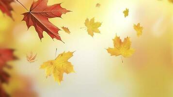 Autumn natural background with yellow and red maple leaves are flying and falling down, generate ai photo