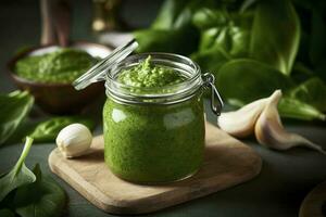 Green pesto sauce made of wild garlic, generate ai photo