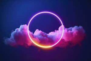 3d render, abstract cloud illuminated with neon light ring on dark night sky. Glowing geometric shape, round frame, generate ai photo