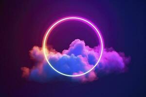 3d render, abstract cloud illuminated with neon light ring on dark night sky. Glowing geometric shape, round frame, generate ai photo