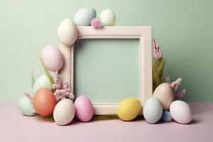 Colorful Easter Eggs with white frame copy space , photo