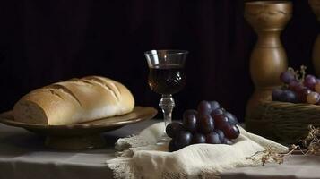 Adjarian khinkali and khachapuri with wine and sauce on a wooden table and stands, generate ai photo