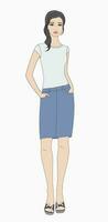 Woman with long hair wearing t shirt and denim skirt. Female silhouette. Vector illustration