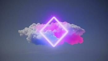 3d render, abstract minimal background with pink blue yellow neon light square frame with copy space, illuminated stormy clouds, glowing geometric shape, generate ai photo