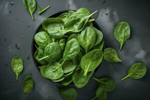 Fresh organic baby spinach leaves. Top view with copy space, generate ai photo