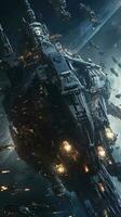 Cinematic Still, intense space battle between two massive battleships, starry sky, nebulae, galaxies, HDR futuristic space battleship destroyers traveling through an asteroid field, generate ai photo